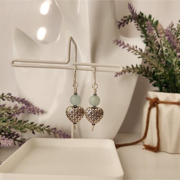 Amazonite Stone Silver Heart Dangle Earrings - Picture 7 of 8